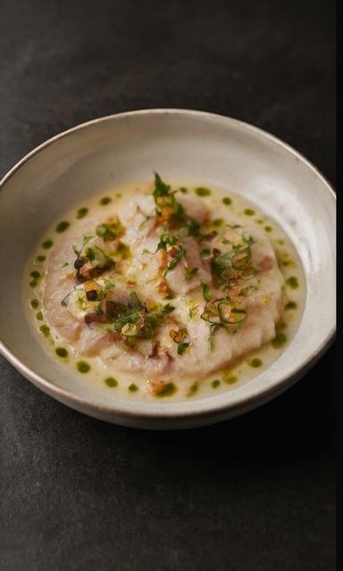 Crudo de peixe branco, prato conceitual brasileiro contemporâneo